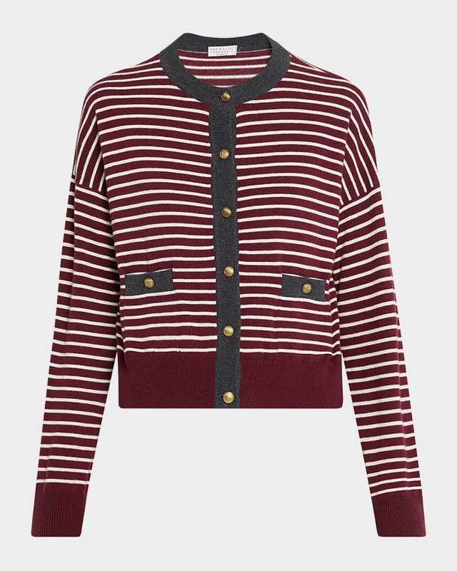 Striped Wool-Cashmere Crewneck Cardigan